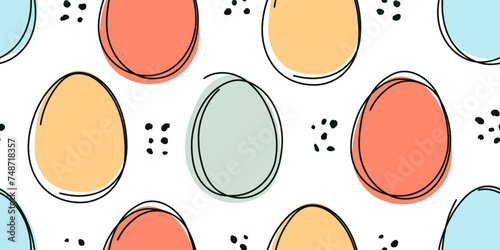 Easter Eggs seamless pattern. Hand drawn black lines and color egg shapes. Vector illustration.