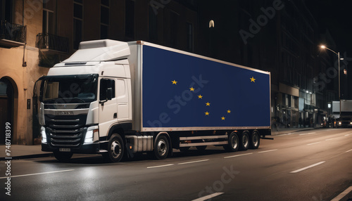 A truck with the national flag of Alaska depicted carries goods to another country along the highway. Concept of export-import,transportation, national delivery of goods. © Александр Бердюгин