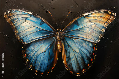 Detailed painting of blue morpho butterfly on black background wings spread. 