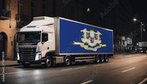 A truck with the national flag of Connecticut depicted carries goods to another country along the highway. Concept of export-import,transportation, national delivery of goods.