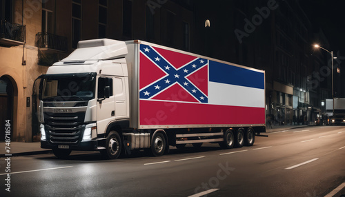 A truck with the national flag of Mississippi depicted carries goods to another country along the highway. Concept of export-import,transportation, national delivery of goods.