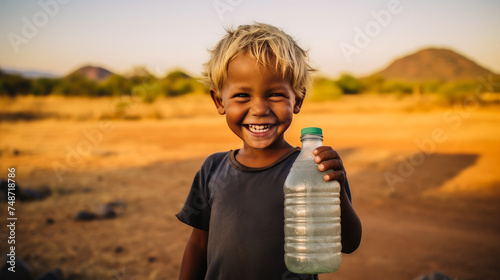 Poor  beggar  hungry smiling Caucasian child in Africa  thirsty to drink water from a plastic bottle.