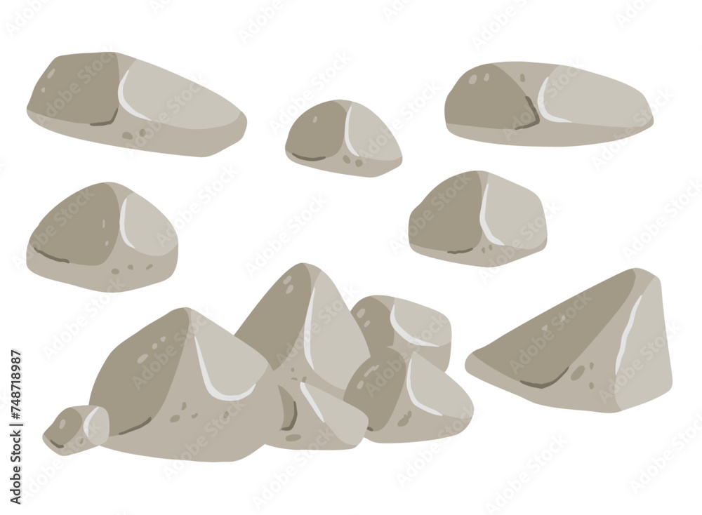 Set of stones. Beige cobblestone. Element of nature and mountains. Items for decoration and background. Flat cartoon. Boulder cobble debris. Block granite material. Set of stones. Beige cobblestone. Element of nature and mountains. Items for decoration and background. Flat cartoon. Boulder cobble debris. Block granite material.