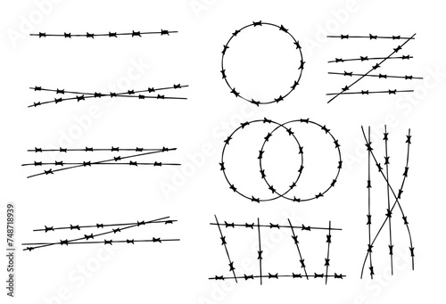 Barbed Wire. Barbwire chain boundary. Sharp spike chain. Security and protection. Military border, element of army camp and jail, prison. Border and barrier