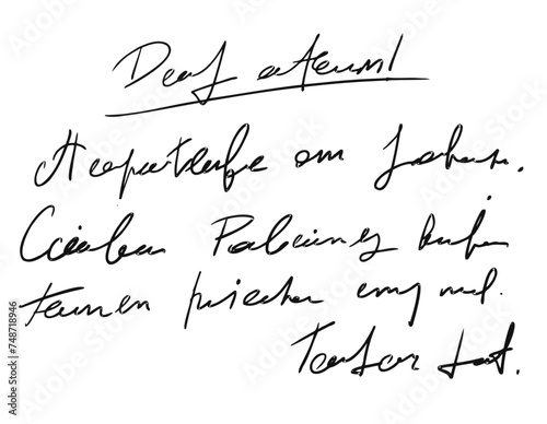 Handwritten Unreadable text. Black old vintage written text .Abstract illegible handwriting of fictional language. Incomprehensible letters
