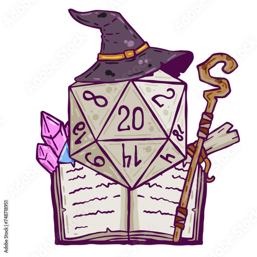 Dice for playing Tabletop role-playing game Dungeon and dragons with d20. Magical role of sorcerer with witch hat and spell book