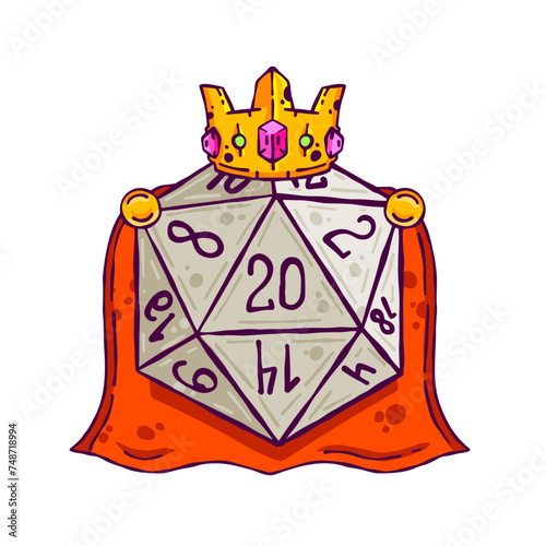 Dice d20 for playing Dnd. King character for Dungeon and dragons board game with gold crown. Cartoon outline drawn illustration
