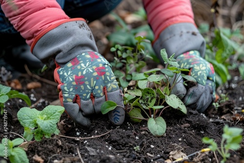 Gloved hands delicately plant a seedling in fertile soil, surrounded by fresh greenery, symbolizing care and growth in gardening. © NS