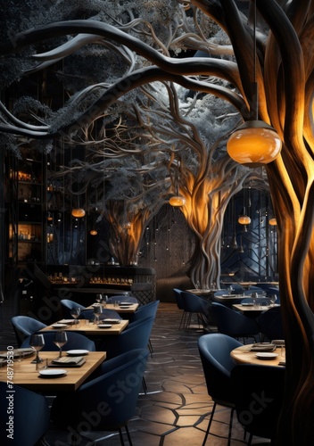 a restaurant with many tables and chairs and a tree in the middle of the room with lights hanging from the ceiling. photo