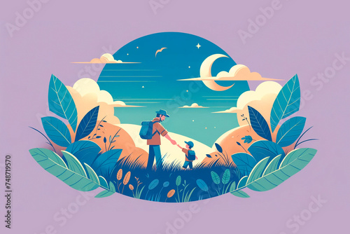Father and Child Stargazing in Serene Night Landscape