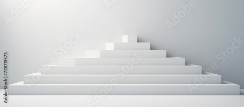 A white staircase ascends towards a white wall with a clean  minimalist design. The stairs provide a simple and modern aesthetic to the space.