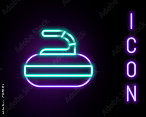 Glowing neon line Stone for curling sport game icon isolated on black background. Sport equipment. Colorful outline concept. Vector
