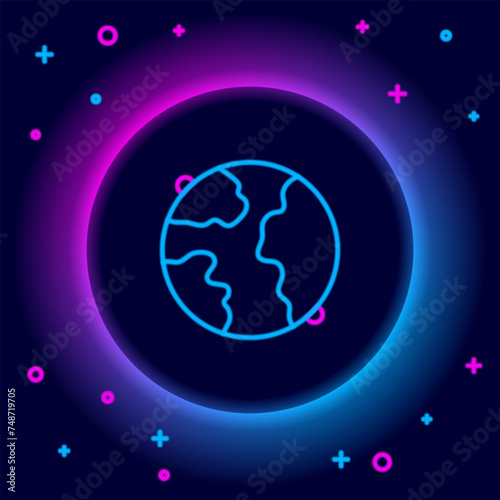 Glowing neon line Worldwide icon isolated on black background. Pin on globe. Colorful outline concept. Vector