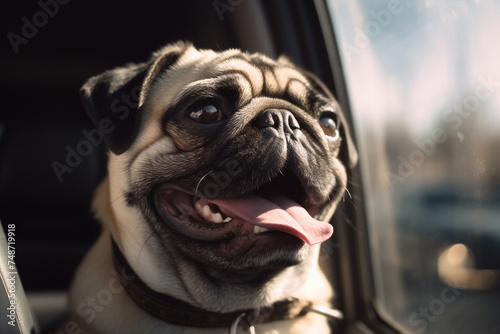 Panting pug dog locked inside car in summer. 