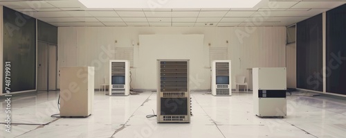 Old mainframe units in a pristine white minimalist setting a dialogue between eras photo