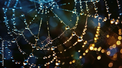 a close up of a spider web with drops of water on it's spider web, with a boke of light in the background.