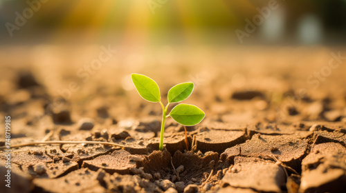 A small green sprout breaks through, growing among the cracked and dried soil without moisture.