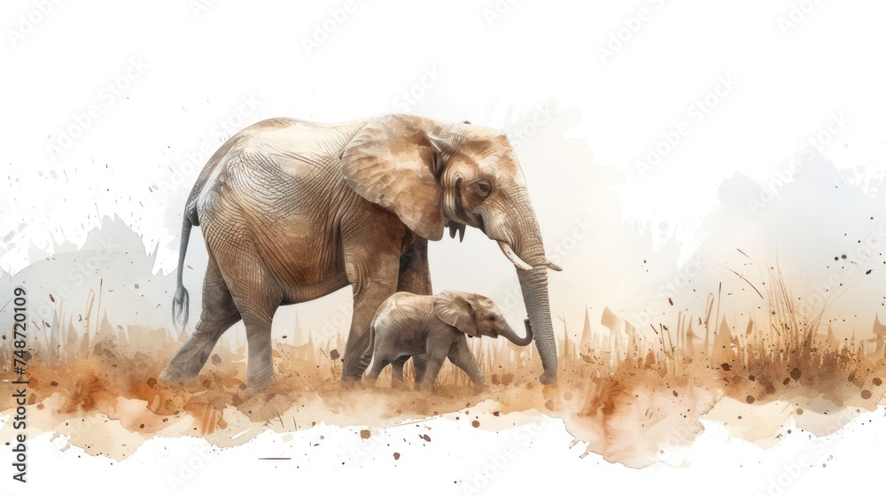 Fototapeta premium an adult elephant and a baby elephant walking in a field of dry grass with brown grass in the foreground.