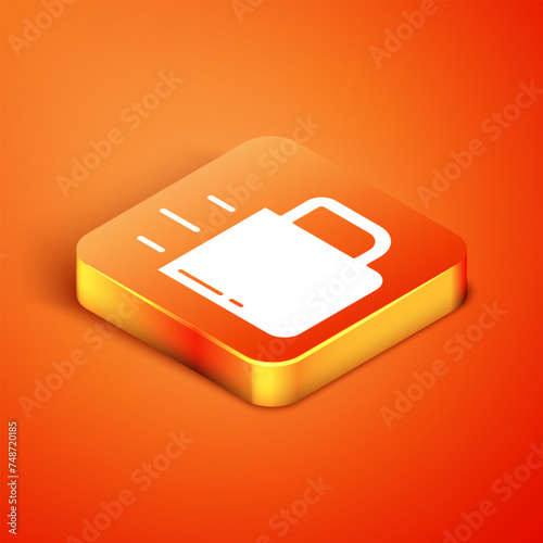 Isometric Coffee cup icon isolated on orange background. Tea cup. Hot drink coffee. Vector