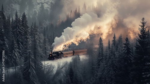 a train traveling through a forest filled with lots of smoke and smoke coming out of the top of the train. © Alice