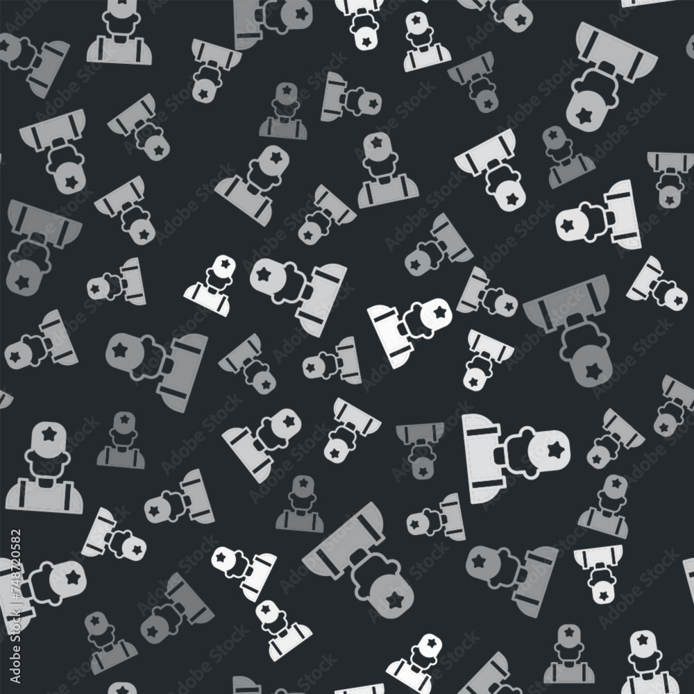 Grey Sheriff cowboy hat with star badge icon isolated seamless pattern on black background. Police officer. Vector Grey Sheriff cowboy hat with star badge icon isolated seamless pattern on black background. Police officer. Vector
