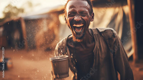 Poor, beggarly, hungry smiling dark-skinned African guy man from Africa, thirsty to drink water.