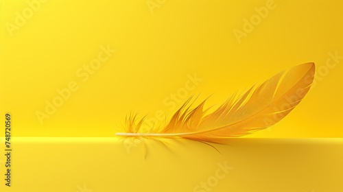 a yellow feather sitting on top of a bright yellow surface with a reflection of it s wing in the center of the image.