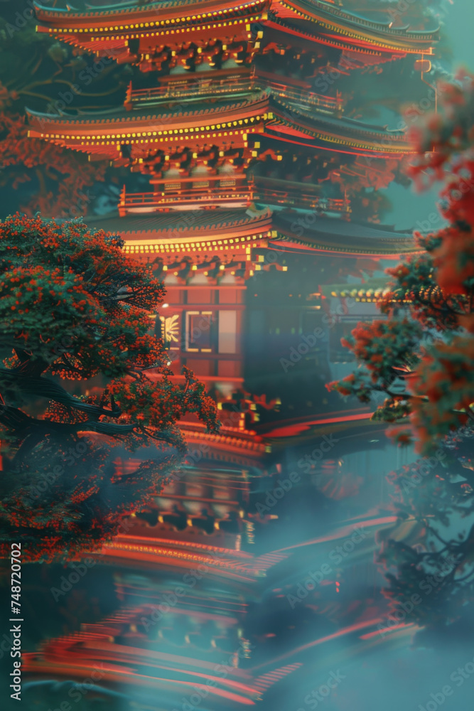 Fototapeta premium A detailed view of a threedimensional asian architecture.