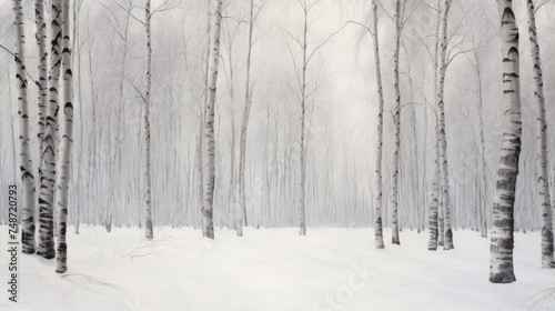 a painting of a snow covered forest with trees in the foreground and snow on the ground in the foreground. photo