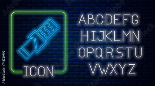 Glowing neon Protein sport bar icon isolated on brick wall background. Energy snack icon. Organic sweets. Neon light alphabet. Vector