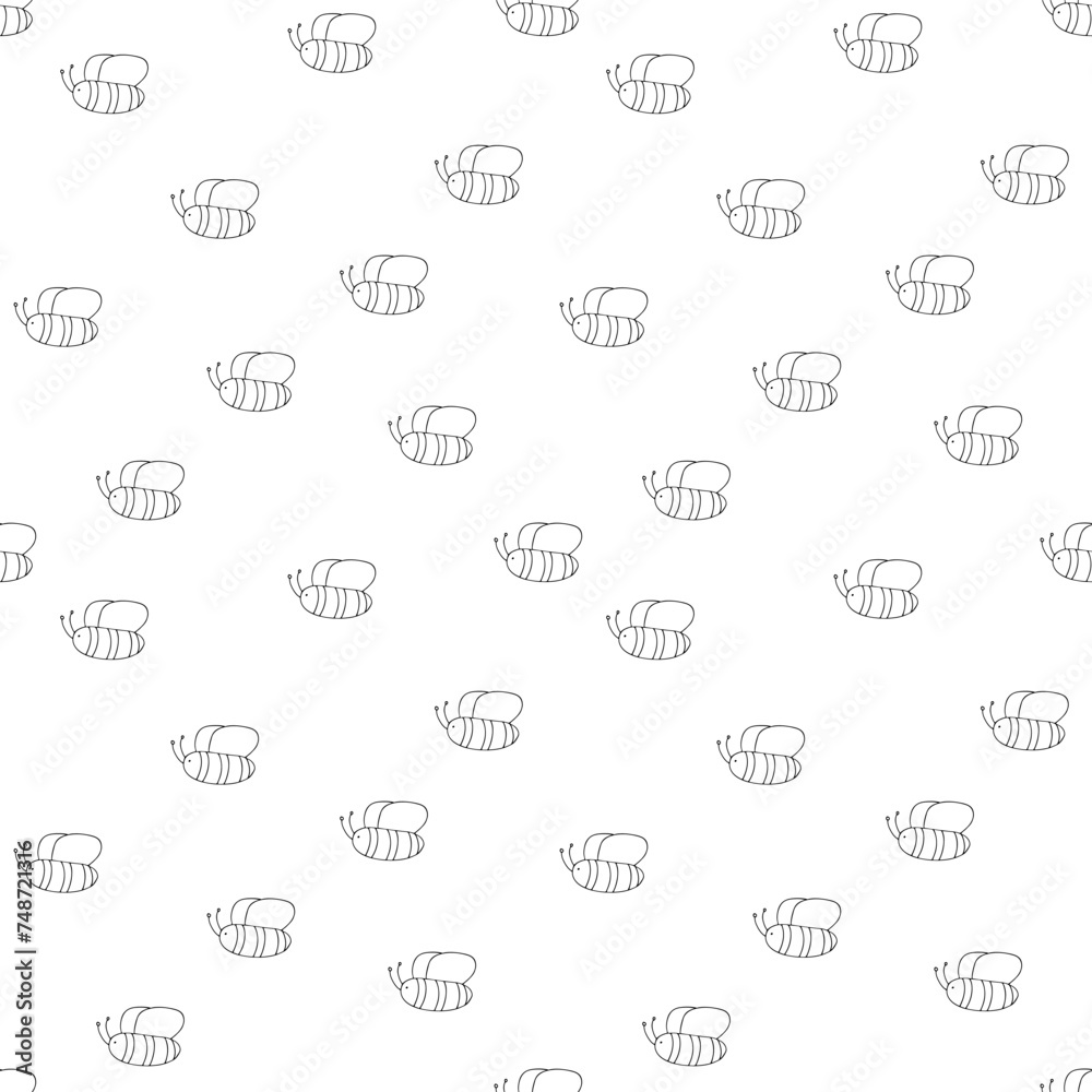 Doodle seamless square pattern with cute small bees. Kids texture for wrapping paper, for textiles. Black monochrome doodle style elements isolated on white background. Hand drawn sketch.