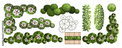 Top view elements for the landscape design plan. Trees and benches for architectural floor plans. Entourage design. Various trees, bushes, and shrubs. Vector illustration.