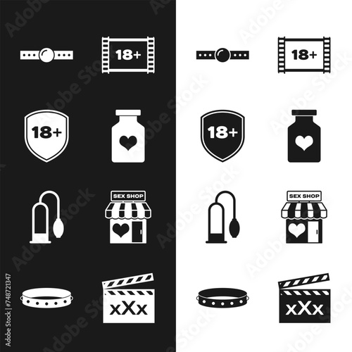 Set Bottle with pills for potency, Shield 18 plus, Silicone ball gag, Play Video, Penis pump, Sex shop building, Movie clapper and Leather fetish collar icon. Vector