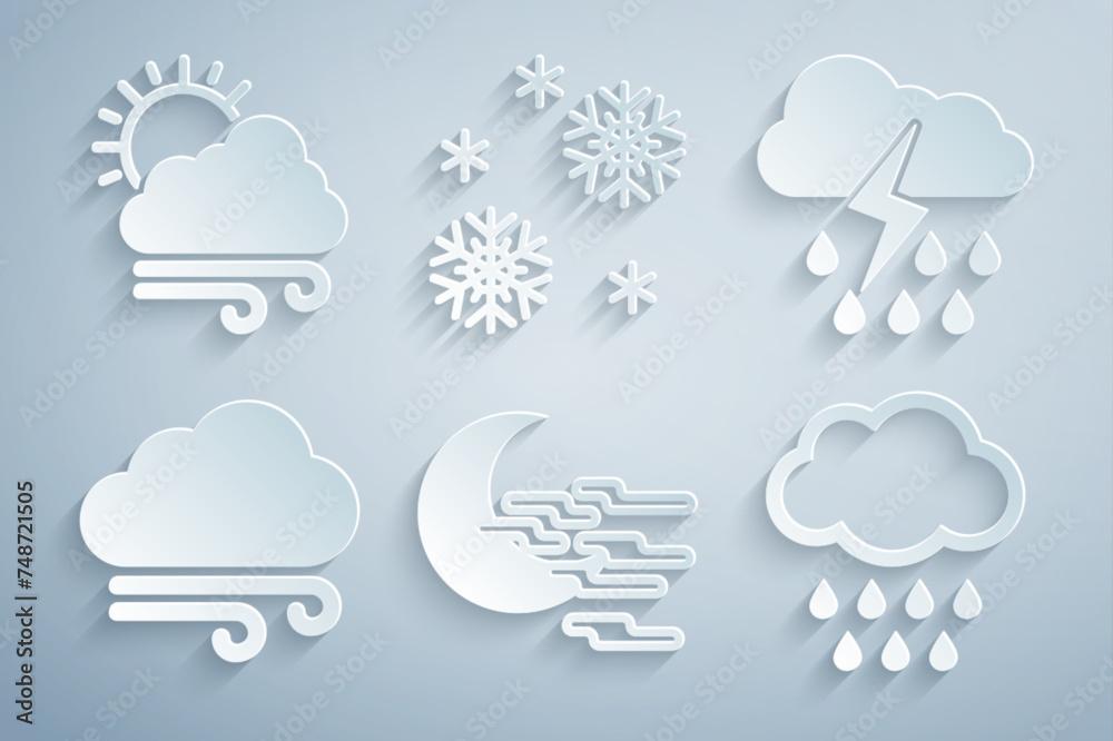 Obraz premium Set Fog and moon, Cloud with rain lightning, Windy weather, Snow and icon. Vector