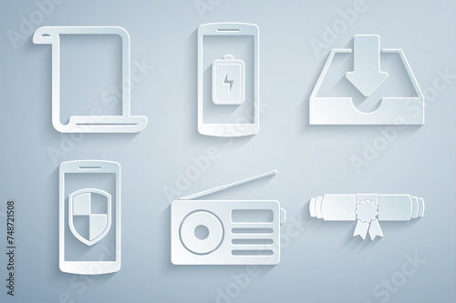 Set Radio, Download inbox, Smartphone with shield, Diploma rolled scroll, battery charge and Paper icon. Vector