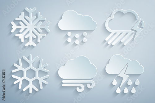 Set Windy weather, Cloud with rain and lightning, Snowflake, snow and icon. Vector