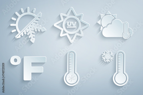 Set Meteorology thermometer, Thermometer and cloud, sun, Fahrenheit, UV protection and Sun snowflake icon. Vector
