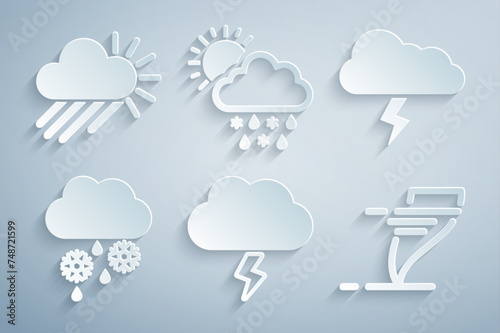 Set Storm, Cloud with snow and rain, Tornado, snow, sun and Cloudy icon. Vector