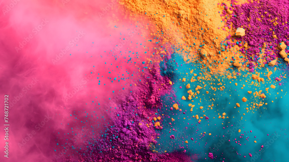 Vibrant colorful piles of green and orange pigment powders on pink background at the right side of image. Suitable for Holi festival presentations or banner design.