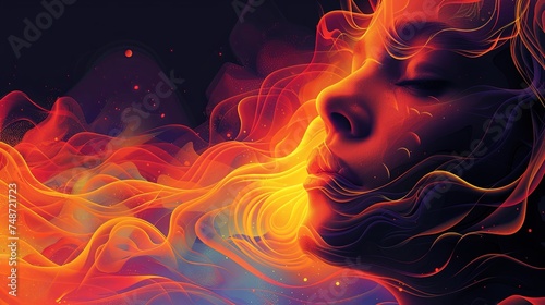 Artistic digital portrait of a woman's side profile with flowing, fiery abstract waves and glowing particles against a dark background. psychedelic therapy