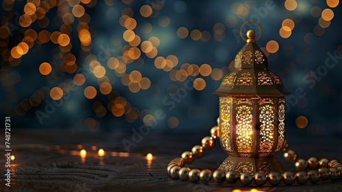A golden Ramadhan lamp with Islamic rosary beads on dark background. Ramadan - an important Islamic festival. Islamic festive greeting card photo - generative ai