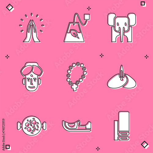 Set Hands in praying position, Tea bag, Elephant, Indian man, Rosary beads religion, headgear turban, Chicken tikka masala and shoes icon. Vector