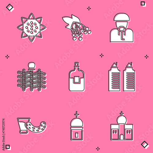 Set Sunflower, Branch viburnum, Ukrainian cossack, Wicker fence, Bottle of vodka, Two towers Dnipro, Glass with and Church icon. Vector