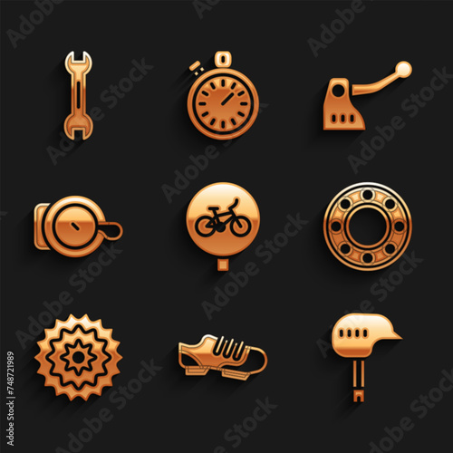 Set Bicycle, shoes, helmet, ball bearing, cassette, bell, brake and Wrench spanner icon. Vector