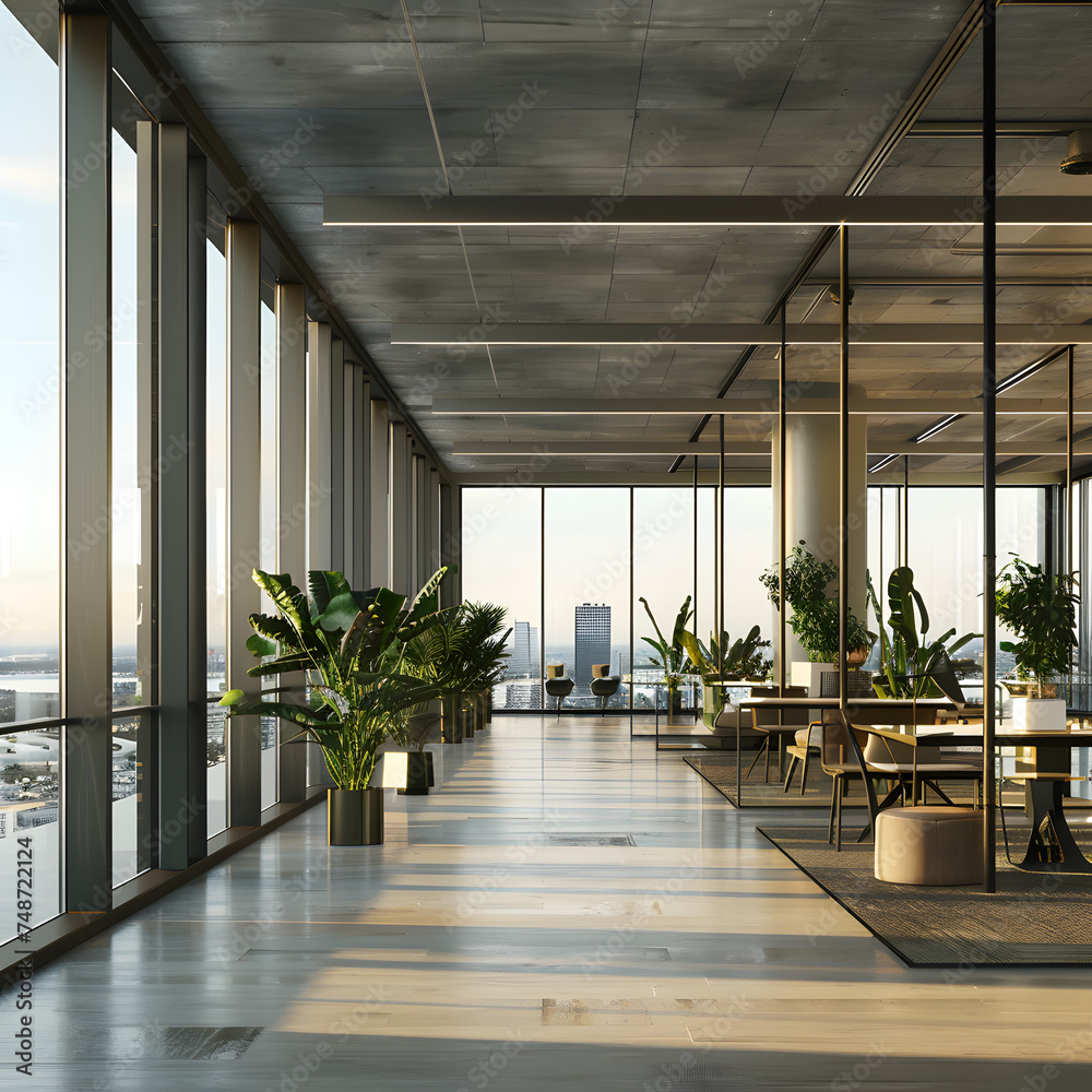 Stylish coworking interior with desk and shelf, workplace near panoramic window. 3d Render. Stylish coworking interior with desk and shelf, workplace near panoramic window. 3d Render.