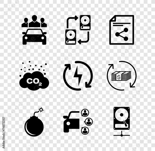 Set Car sharing, Data exchange with hhd, Share file, Bomb ready to explode, and Hard disk drive on network icon. Vector