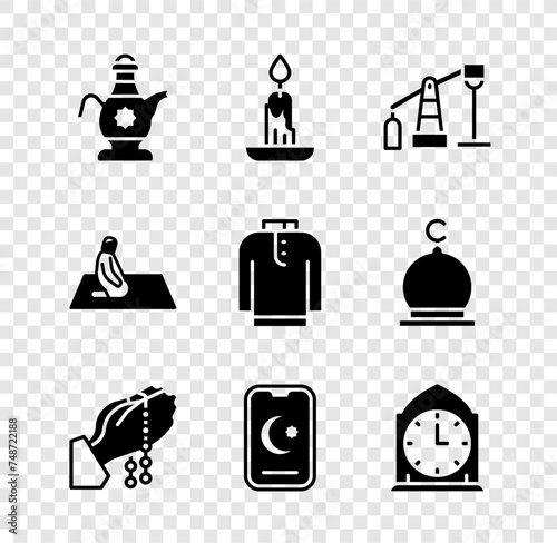Set Islamic teapot, Burning candle, Oil pump or pump jack, Hands praying position, Star crescent, Clock, Muslim man prays and Shirt kurta icon. Vector