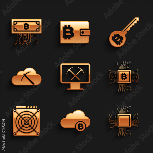 Set Mining with monitor and pickaxe, Cryptocurrency cloud mining, Processor, CPU farm, ASIC Miner and icon. Vector