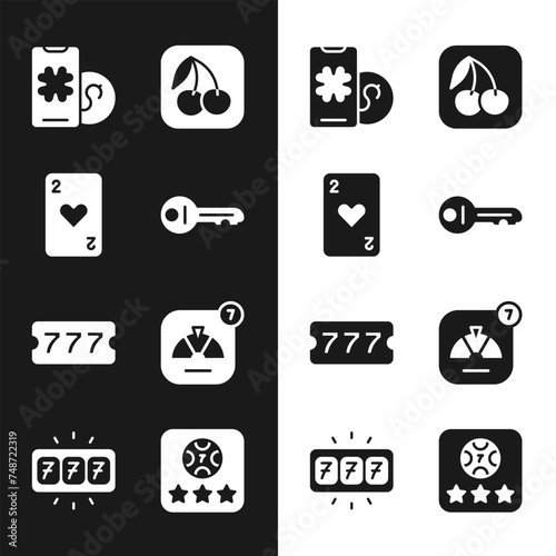 Set Old key, Playing card with heart, Online poker table game, Slot machine cherry, Lottery ticket, Lucky wheel, and jackpot icon. Vector