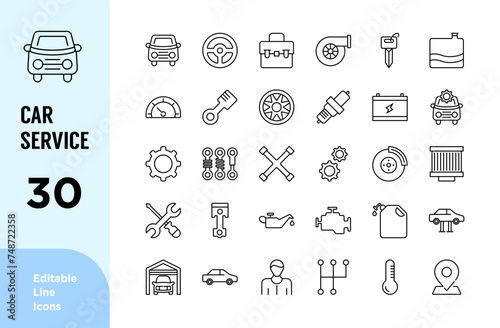 Car service thin line icons set. Car repair editable stroke icon. Car, Service, Repair, Engine, Diagnostic, Auto, Vehicle, Transmission symbol. Vector illustration.